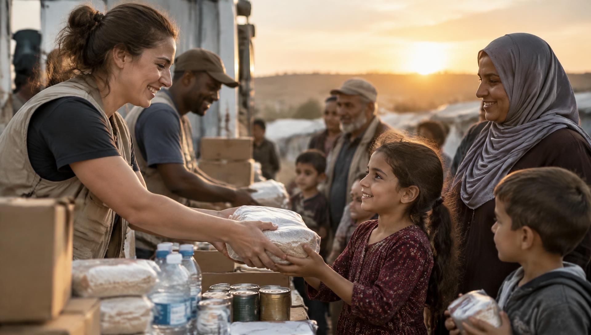 Aid volunteers handing food supplies to a family at a distribution point